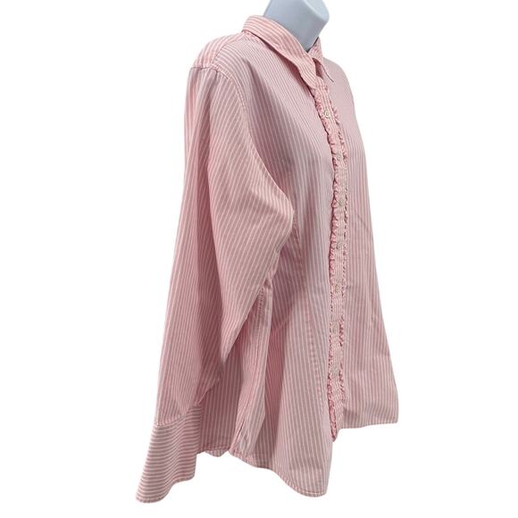 Lands' End Shirt SZ 20W Button Up Long Sleeve Pink White Striped Ruffled Placket - Picture 2 of 4